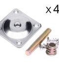 Heavy Duty Furniture Leg Mounting Plates 5 16 Inch T Bracket Kit With Hanger Bolts To Straight Up Lock Down Wobbly Sofa Legs And Tough Couch Seats Quick N Easy Home Fix Set Of 4 Sturdy Pieces components including a silver mounting plate, hanger bolts, and screws.