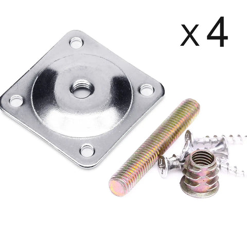 Heavy Duty Furniture Leg Mounting Plates 5 16 Inch T Bracket Kit With Hanger Bolts To Straight Up Lock Down Wobbly Sofa Legs And Tough Couch Seats Quick N Easy Home Fix Set Of 4 Sturdy Pieces components including a silver mounting plate, hanger bolts, and screws.