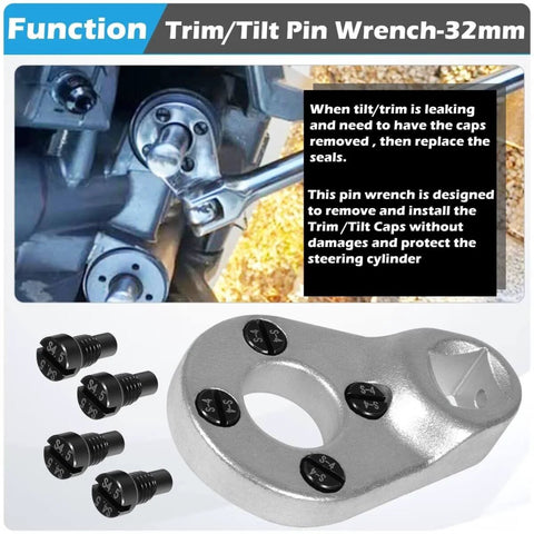 Beefed Up Heavy Duty Trim Tilt Pin Wrench 32mm By 4.5 And 4mm for Removing Trim Tilt Caps on Hydraulic Cylinders, shown in use