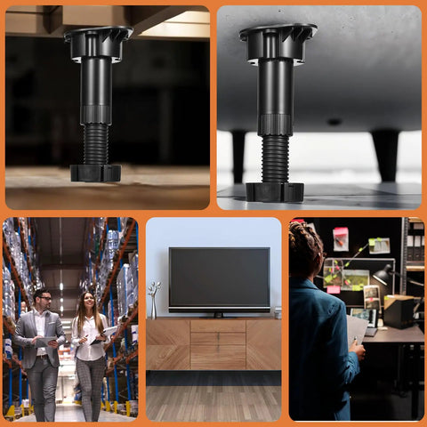 Close-up of adjustable furniture leveling feet set with non-slip base, supporting furniture on various surfaces.