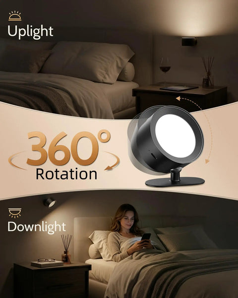 Cordless Rechargeable Wall Sconces With Remote, Magnetic Led Bedside Lamp In Sleek Black, 360-degree rotation in use above a bed.