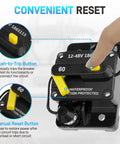 Solid 60 Amp Circuit Breaker For Rig And Marine Setup With Top Shelf IP67 Waterproof Housing close-up of push-to-trip and manual reset buttons