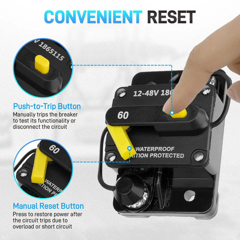 Solid 60 Amp Circuit Breaker For Rig And Marine Setup With Top Shelf IP67 Waterproof Housing close-up of push-to-trip and manual reset buttons