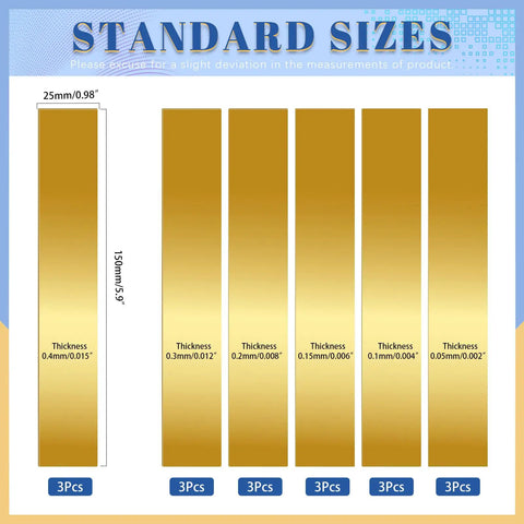 Brass Shim Stock Set, 18 Pcs Rectangular Shims 5.9 x 0.98 Inch With 6 Thicknesses From 0.002 to 0.015 Inch shown in golden finish.