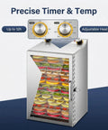 Powerful 800W Food Dehydrator Machine with 8 stainless steel trays, visible through glass, freeze dryer style, timer shown