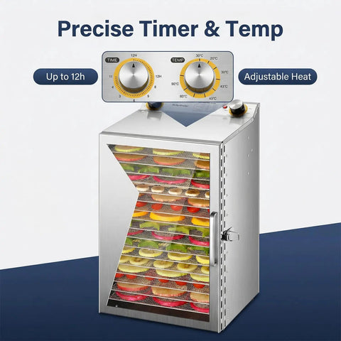 Powerful 800W Food Dehydrator Machine with 8 stainless steel trays, visible through glass, freeze dryer style, timer shown