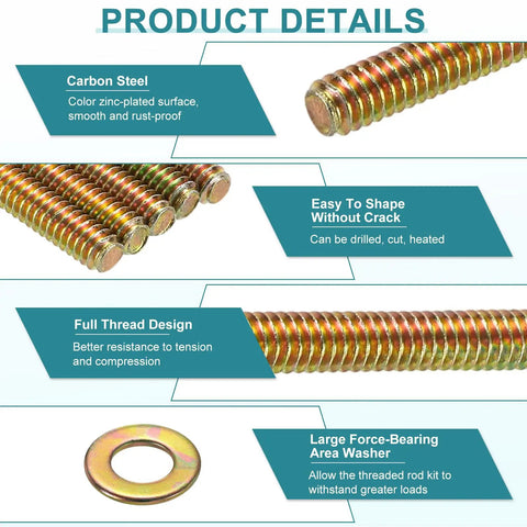 12 Pack Fully Threaded Rods Five Sixteenth Inch UNC By One And A Half Inch Length Zinc Plated Carbon Steel With Nuts And Washers For Clamps Hangers And U Bolts Pro Grade Heavy Duty Hardware Bulk Pack, showing close-up details of thread design and washer