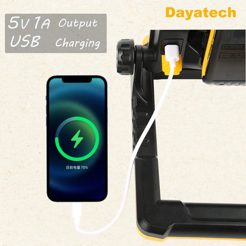 Cordless LED Work Light Compatible With Dewalt And Milwaukee 18V 20V Batteries showing phone charging via USB port