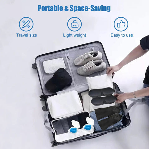 Open suitcase with travel essentials including 2 Pack Foot Hammock For Plane Travel Portable Airplane Foot Rest Leg Hammock For Long Flights.