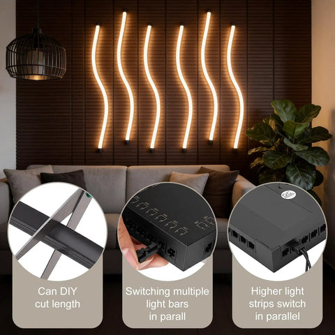 LED Recessed Lighting Kit for Slat Wall Panels, 6PCS Dimmable 3000K Warm White LED Strip Lights with Touch Switch, angled view with decorative lighting on wooden panel.