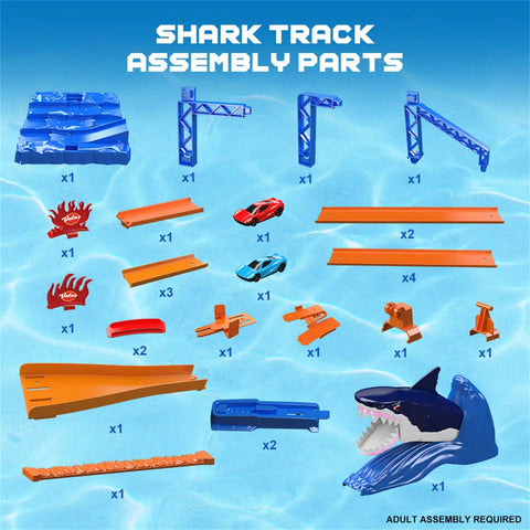 Image of shark themed car race track set parts, including dual loops, 2 cars, launchers, ramps, and a shark mouth for assembly.