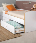 Rock Solid Beech Wood Drawer Slides Center Mount Cabinet Hardware Includes Six Piece Set, showcasing a bed with under-drawer storage.