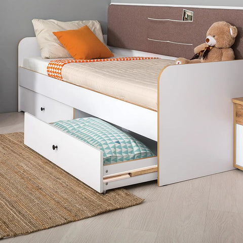 Rock Solid Beech Wood Drawer Slides Center Mount Cabinet Hardware Includes Six Piece Set, showcasing a bed with under-drawer storage.