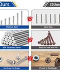 Comparison of 500-Piece Stainless Steel Nuts And Bolts Kit With Flat Washers And Phillips Pan Head Screws vs inferior products