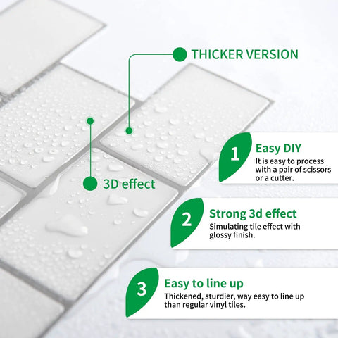 Thicker Peel And Stick Backsplash Tiles Set 12x12 White With Gray Grout Subway Tile Look, showing 3D effect and water resistance feature.