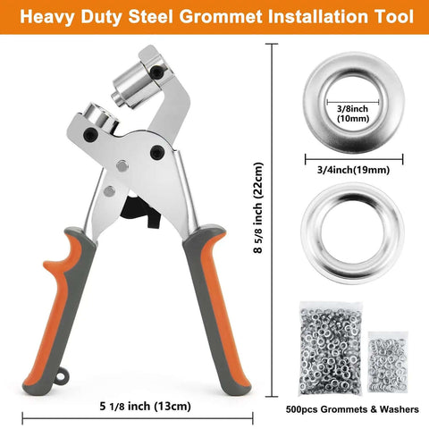 Heavy Duty Grommet Tool Kit with eyelet plier, 3/8 inch grommets, 500 pcs, pro-grade manual eyelet press for banners and tarps.
