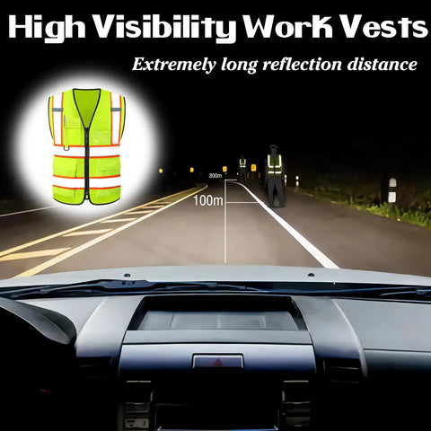 Custom Logo High Visibility Safety Vest Hella Bright Reflective Hi Vis Construction Workwear For Men And Women Crew Gear With Your Company Printed Back Panel in low light showing reflective features