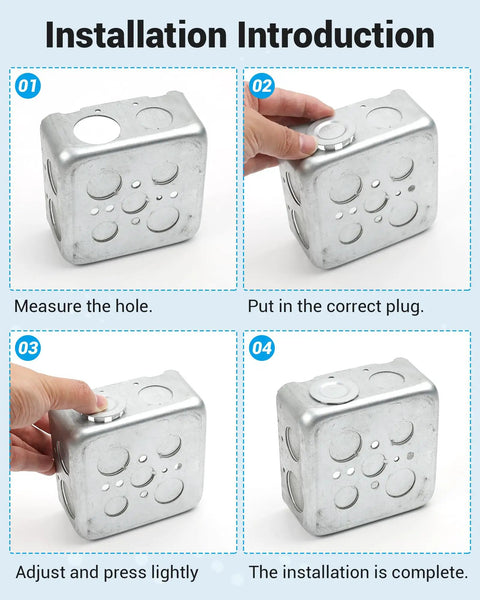 Installation process showing Heavy Duty 12 Pack 1 Inch Knockout Plugs Secure Electrical Box Seals Block Dust And Moisture Intrusion.