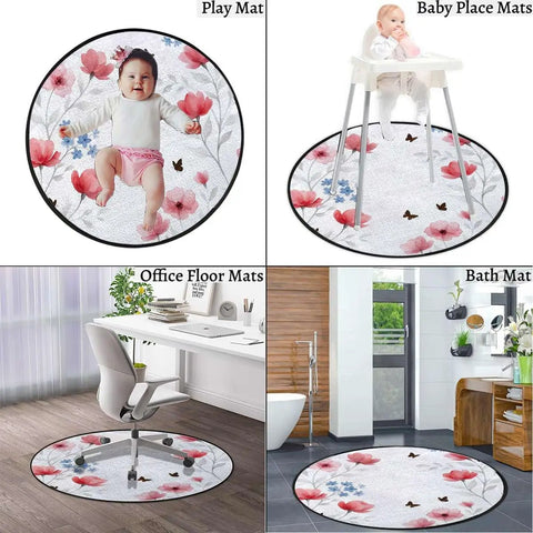 Floral Branch Round Furniture Pad With Non Skid Grip For Hardwood Floors Soft Polyester Surface 0.23 Inch Thick shown in four uses.