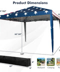Dimensions of Easy Up 10x10 Pop Up Canopy With Netting And Mesh Sidewalls, Carrying Bag, Adjustable Height, American Flag Outdoor Shade Tent