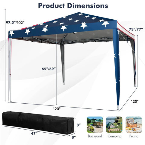 Dimensions of Easy Up 10x10 Pop Up Canopy With Netting And Mesh Sidewalls, Carrying Bag, Adjustable Height, American Flag Outdoor Shade Tent