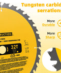 Close-up view of 32 tooth tungsten carbide serrated miter saw blade from Upgraded 2 Pack 12 Inch Miter Saw Blade For Fine Finish Cutting.