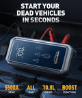 9 In 1 Jump Starter With Air Compressor 5500A 150 PSI Portable Car Battery Jump Starter displayed with cables and screen
