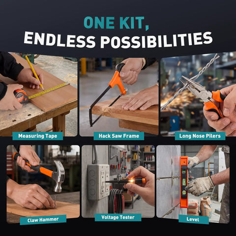 330 Piece Home Repair Tool Kit With Pull Out Drawer For Easy Access Carbon And Cr V Steel Tools in use for DIY projects.