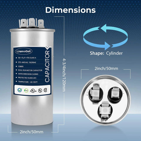 Dimensions and shape of Dual Run Start Round Air Conditioner Capacitor 50 And 5 uF, 370 To 440 VAC, 50 To 60 Hz, CBB65 CBB65B.