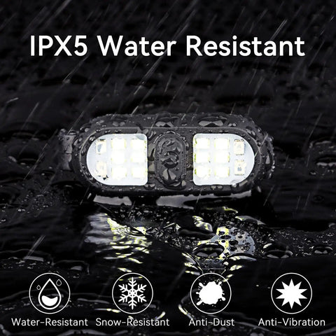 Two Pack Clip On Running Lights for Nite Runners in rain, IPX5 water-resistant illuminated LED flashlights, 450 lumens, 5 modes.