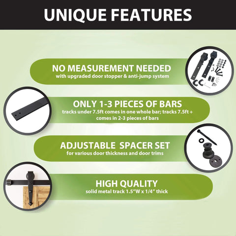 Diagram showing unique features of a sliding door hardware kit with adjustable spacers, solid metal track, and no measurement needed.