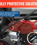 Upgraded 50 Ft Pressure Washer Hose Capable Of 3400 PSI with heat protect sleeve shown attached to a pressure washer engine