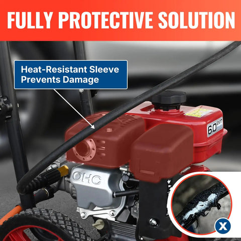 Upgraded 50 Ft Pressure Washer Hose Capable Of 3400 PSI with heat protect sleeve shown attached to a pressure washer engine