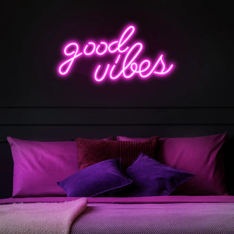 Pink Good Vibes Neon Sign For Bedroom And Wall Decor, LED Neon Lights above bed, 16.1 by 8.3 inch, soft pink glow