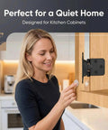Woman installing Matte Black Cabinet Door Hinges Two Pairs Four Pack Self Closing Half Inch Partial Overlay Semi Concealed Face Frame Surface Mount Cupboard Hardware With Quiet Soft Close Silicone Dampers in kitchen