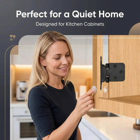 Woman installing Matte Black Cabinet Door Hinges Two Pairs Four Pack Self Closing Half Inch Partial Overlay Semi Concealed Face Frame Surface Mount Cupboard Hardware With Quiet Soft Close Silicone Dampers in kitchen