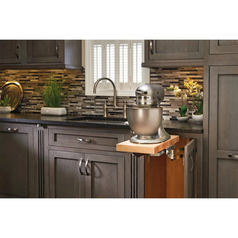 Hella Durable Heavy Duty Stand Mixer Lift For Kitchen Base Cabinets With Smooth Chrome Steel Slide Out Tray shown with mixer.