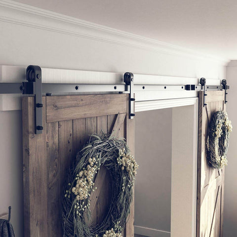 13 Ft Double Barn Door Hardware Kit With Silent Sliding Track Easy Install Fits 36 To 40 Inch Doors J Shape Hangers Black Frosted Finish Heavy Duty One Quarter Inch Carbon Steel Rail Two Piece Design For Ultra Smooth Quiet Operation installed on wooden doors