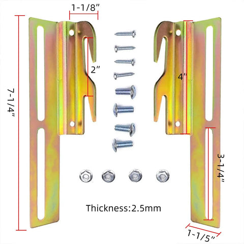 Four Pack Offset Conversion Brackets For Bolt On Metal Bed Frames That Switch To Hook On Headboards in gold steel, showing dimensions.