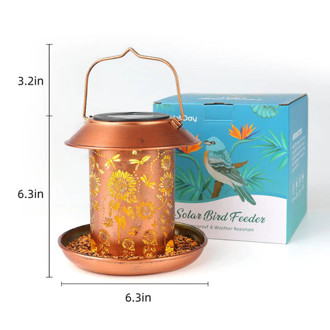 Outdoor Hanging Bird Feeder With Solar Lantern Light Metal Wild Bird Feeder for gardens and yard vibes, copper finish, 6.3 inches