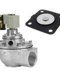 1-inch pulse diaphragm valve with spring and gray solenoid on metal body; includes square mounting plate