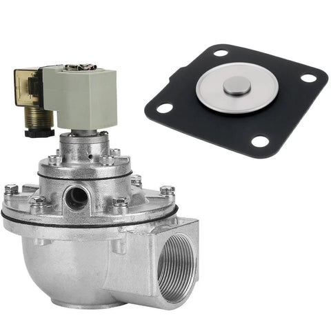 1-inch pulse diaphragm valve with spring and gray solenoid on metal body; includes square mounting plate