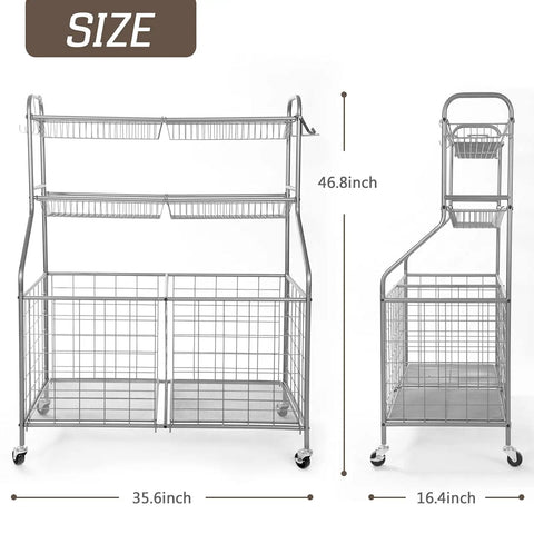 Heavy Duty Ball Organizer For Garage And Home Gym With Baseball Bat Holder And 3 Hooks 2 Large Bins And 4 Mesh Baskets Size Diagram