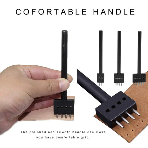 3 Piece 5mm Leather Hole Punch Set With 2 4 6 Prongs Circular Cut Lacing Stitching Chisel shown with comfortable handle