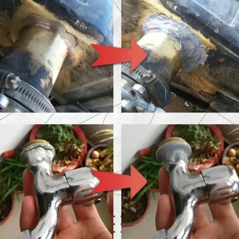 Before and after repair images using Tough As Nails Heavy Duty Metal Repair Glue Epoxy For Crack Fill And Bonding Heat Resistant Waterproof Adhesive