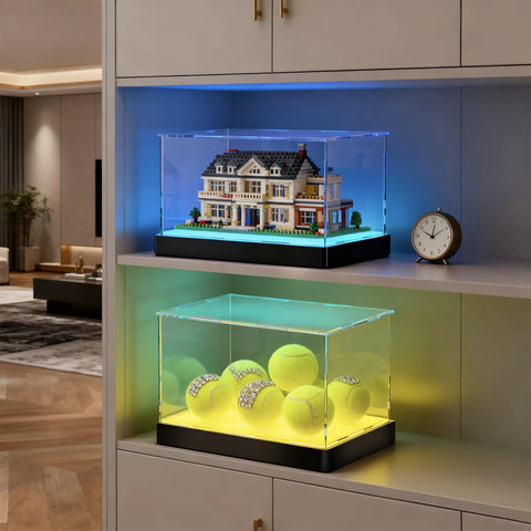 Lit Display Case With RGBW LED Lights USB Powered Switch Panel And App Control on a shelf with collectibles inside