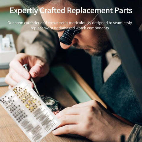 Watchmaker using tool with Stem Extender and Crown Set for Watch Repair High Hardness Wear Resistant Replacement Parts Kit visible.