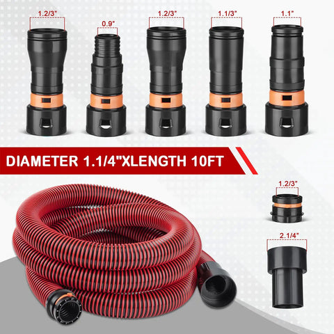 10 Ft Shop Vac Hose With 6 Adapters, Fits 1-1/4 Inch Vacuum Hose, Universal 0.9 To 1.75 Inch Fittings, Durable Replacement Hose