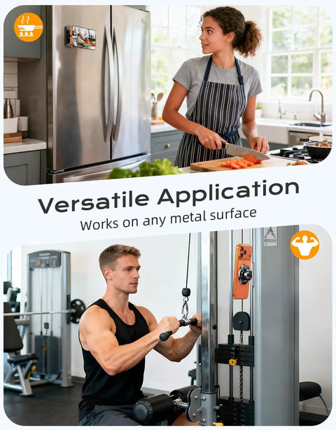 Woman in kitchen and man in gym showing versatile use of MagSafe Compatible Golf Cart Phone Holder Mount with strong magnets