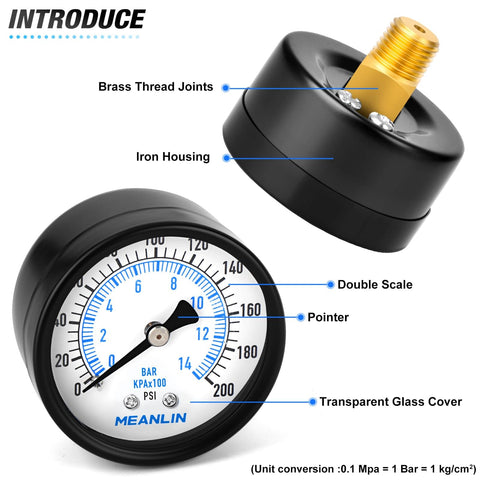 Well Pump Pressure Gauge 0-200 Psi, One Quarter Inch NPT, 2 Inch Dial Face, Back Mount for Air Compressor Regulator and Water Filter